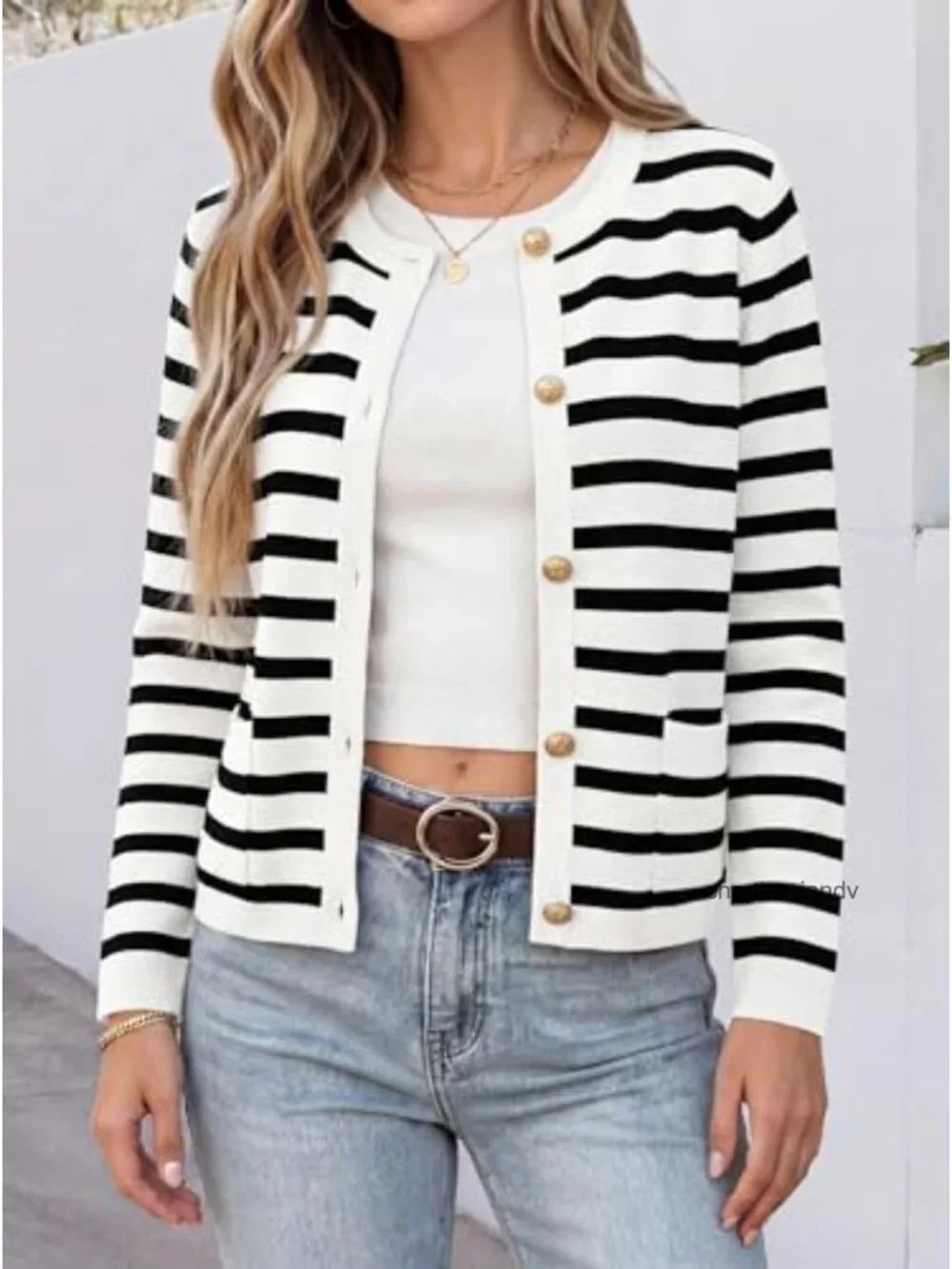 Women's Button Down Cropped Striped Cardigan Sweater Long Sleeve